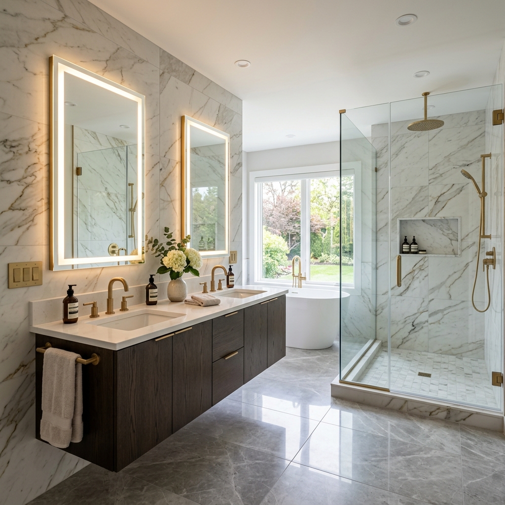 Luxury quartz double vanity bathroom installation