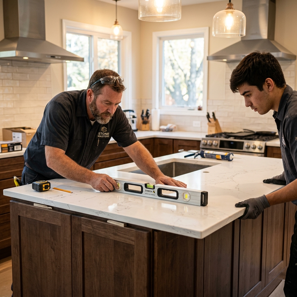 Two professional stone countertop installers leveling quartz slab